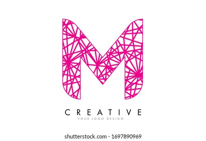 Sketched stylized Letter M with Pink Lines Pattern Design. Lace and Web Effect Vector Illustration.