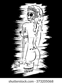 Sketched sugar-skull woman for Day of the Dead (Dia de los Muertos). Vector illustration