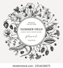 Sketched summer background. Floral wreath design. Wildlife sketches. Wildflowers botanical illustration. Hand-drawn field of flowers, birds, and animals for wedding invitation, vintage decoration.