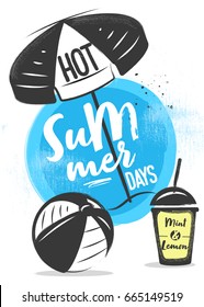 Sketched Summer elements, Sunglasses, umbrella, ball with lettering - Hot Summer Days
