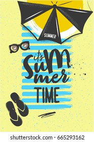 Sketched Summer elements: Sunglasses, umbrella, ball with lettering - It's Summer Time