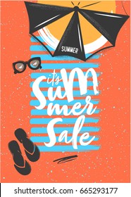 Sketched Summer elements: Sunglasses, umbrella, ball with lettering - It's Summer Time