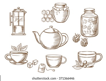 Sketched tea icons with jars, honey and raspberry jam, french press, various teacups with tea bag, sugar cubes, fresh leaves of mint and cowberry with porcelain tea pot. Vector sketch