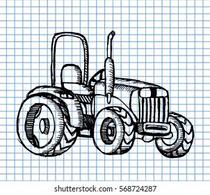 Sketched tractor on copybook background. Vector illustration. 