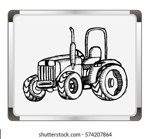 Sketched tractor on flip chart background. Vector illustration. 