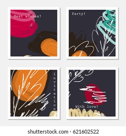 Sketched trees red bird on black.Hand drawn creative invitation greeting cards. Poster, placard, flayer, design templates. Anniversary, Birthday, wedding, party cards set of 4. Isolated on layer.