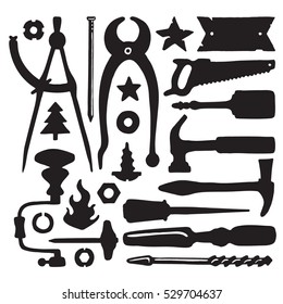 Sketched vector carpenter tools and symbols set