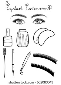 Sketched vector eyes with long lashes and equipment for eyelash extensions isolated on white background.