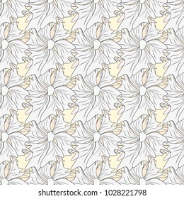 Sketched vector flower print in beige colors - seamless background.