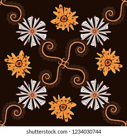 Sketched vector flower print in beige, orange and black colors - seamless background.