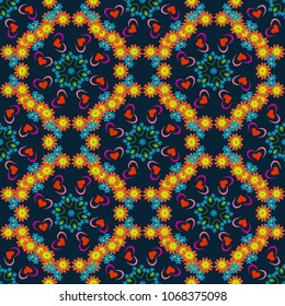 Sketched vector flower print in black, orange and blue colors - seamless background.