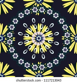 Sketched vector flower print in black, yellow and white colors - seamless background.