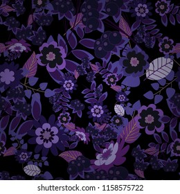 Sketched vector flower print in black, violet and purple colors - seamless background.
