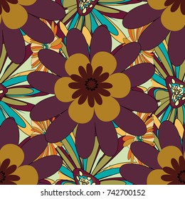 Sketched vector flower print in black, brown and yellow colors - seamless background.