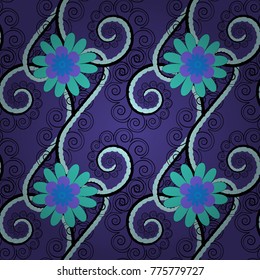 Sketched vector flower print in black, violet and blue colors - seamless background.