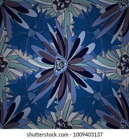 Sketched vector flower print in blue, black and gray colors - seamless background.
