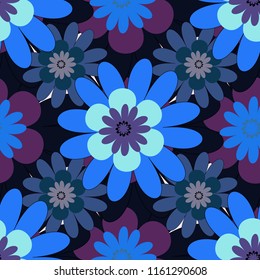 Sketched vector flower print in blue, black and violet colors - seamless background.