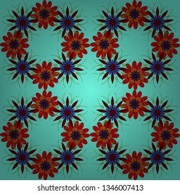 Sketched vector flower print in blue, red and brown colors - seamless background.