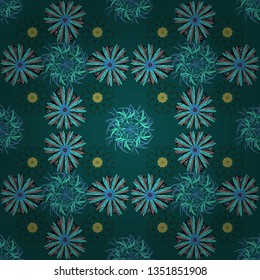 Sketched vector flower print in blue, black and pink colors - seamless background.