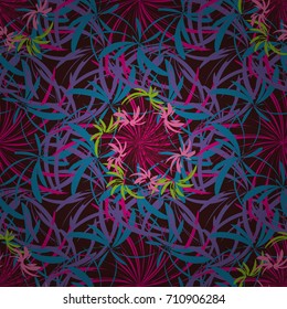 Sketched vector flower print in blue, violet and brown colors - seamless background.