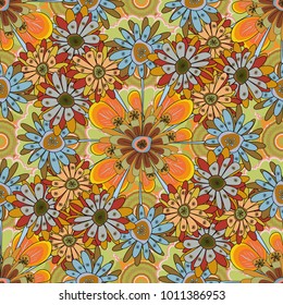 Sketched vector flower print in brown, orange and green colors - seamless background.
