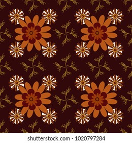 Sketched vector flower print in brown, orange and red colors - seamless background.