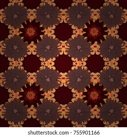 Sketched vector flower print in brown, orange and red colors - seamless background.