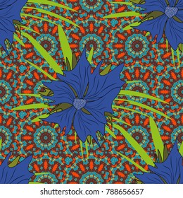 Sketched vector flower print in brown, violet and blue colors - seamless background.
