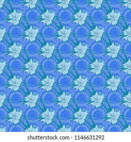 Sketched vector flower print in gray, blue and black colors - seamless background.