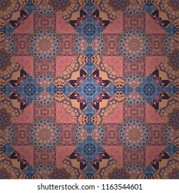 Sketched vector flower print in gray, blue and beige colors - seamless background.