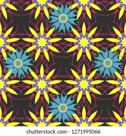 Sketched vector flower print in gray, yellow and blue colors - seamless background.