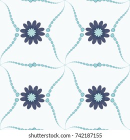 Sketched vector flower print in gray, blue and black colors - seamless background.