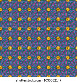 Sketched vector flower print in green, orange and blue colors - seamless background.