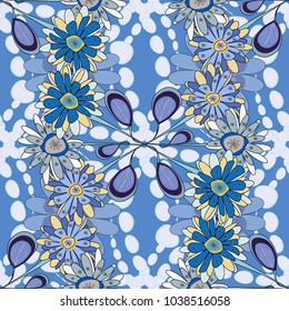 Sketched vector flower print in green, gray and blue colors - seamless background.