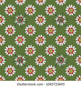 Sketched vector flower print in green, gray and red colors - seamless background.