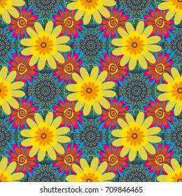 Sketched vector flower print in green, blue and yellow colors - seamless background.