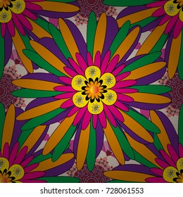 Sketched vector flower print in green, purple and yellow colors - seamless background.