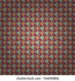 Sketched vector flower print in green, brown and red colors - seamless background.
