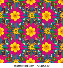 Sketched vector flower print in green, magenta and yellow colors - seamless background.