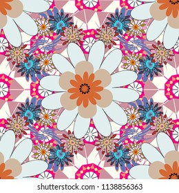 Sketched vector flower print in neutral, blue and pink colors - seamless background.