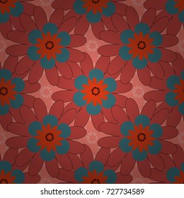 Sketched vector flower print in pink, orange and blue colors - seamless background.