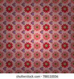 Sketched vector flower print in pink, brown and red colors - seamless background.