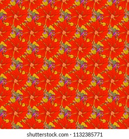 Sketched vector flower print in red, yellow and black colors - seamless background.
