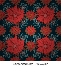 Sketched vector flower print in red, brown and black colors - seamless background.