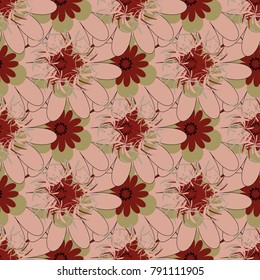 Sketched vector flower print in red, beige and brown colors - seamless background.