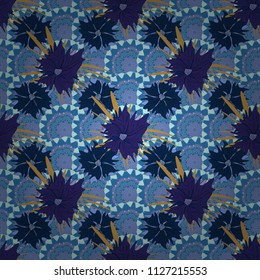 Sketched vector flower print in violet, blue and black colors - seamless background.