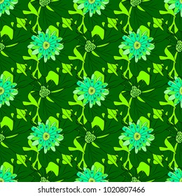 Sketched vector flower print in white, green and black colors - seamless background.