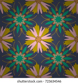 Sketched vector flower print in yellow, pink and blue colors - seamless background.