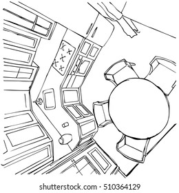 Sketched vector hand drawn interior of the kitchen room in doodle style