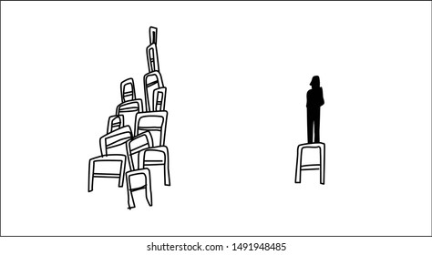 The sketched vector illustration of a black figure standing on a chair opposite to many chairs